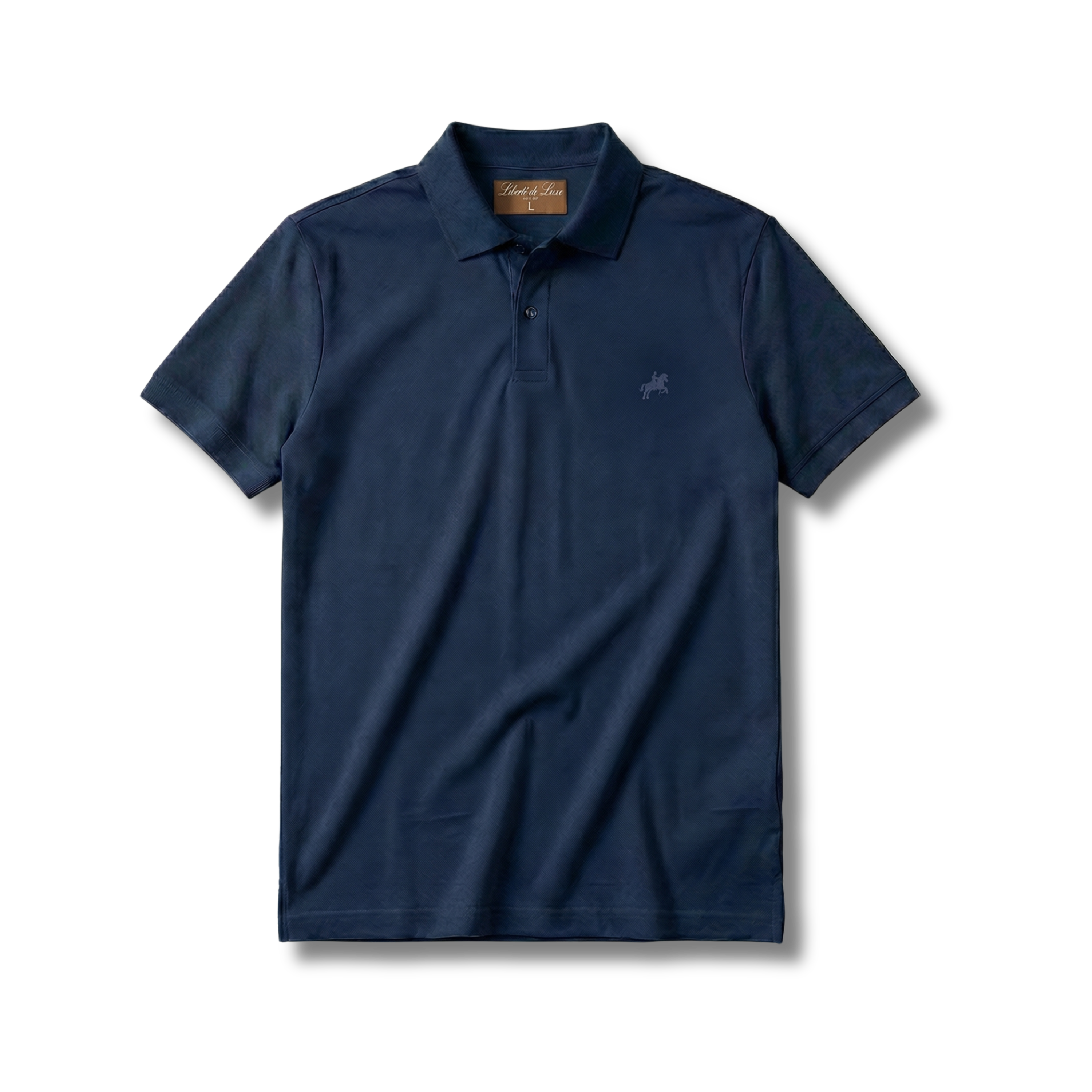 Navy blue polo shirt with a brand logo on a white background