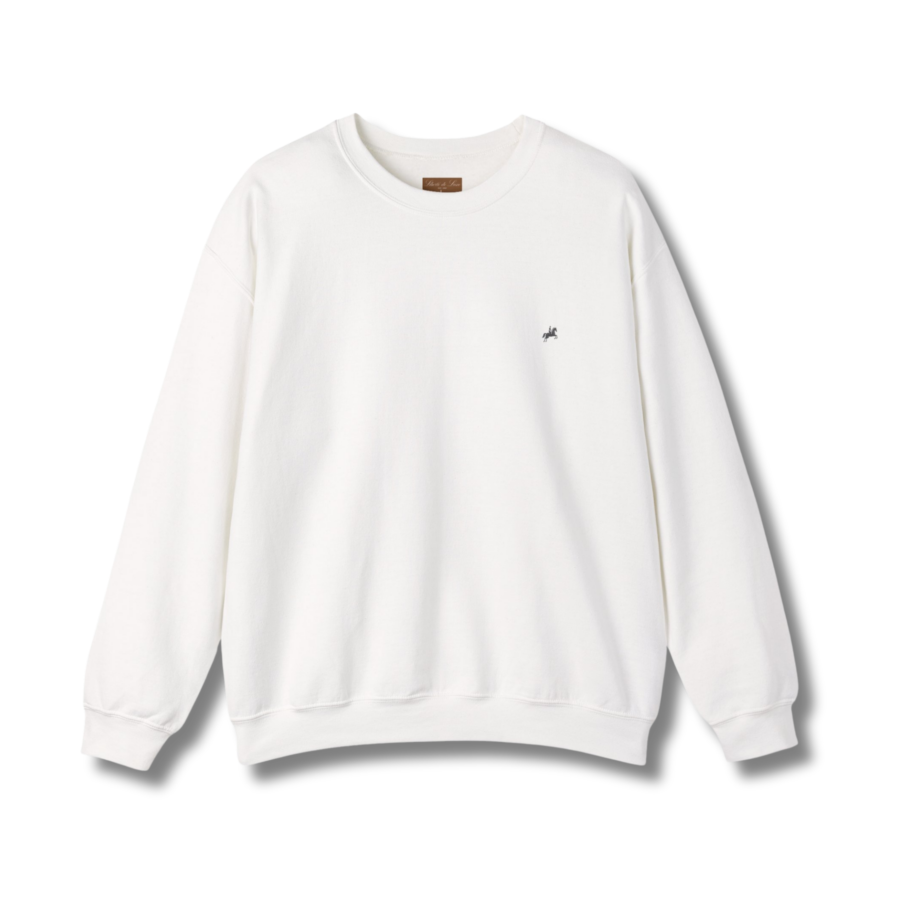 White sweatshirt with a small logo on a white background