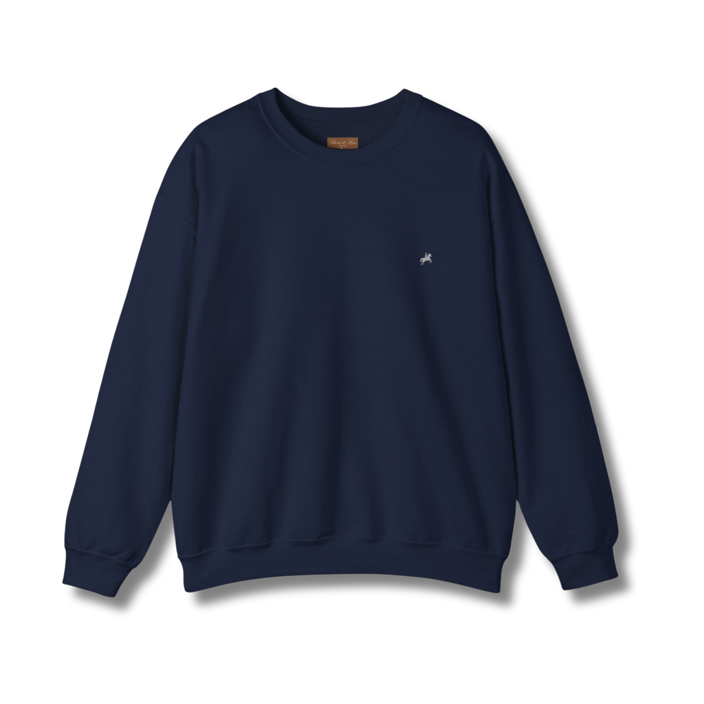 Navy blue sweatshirt with a small white logo on a light gray background