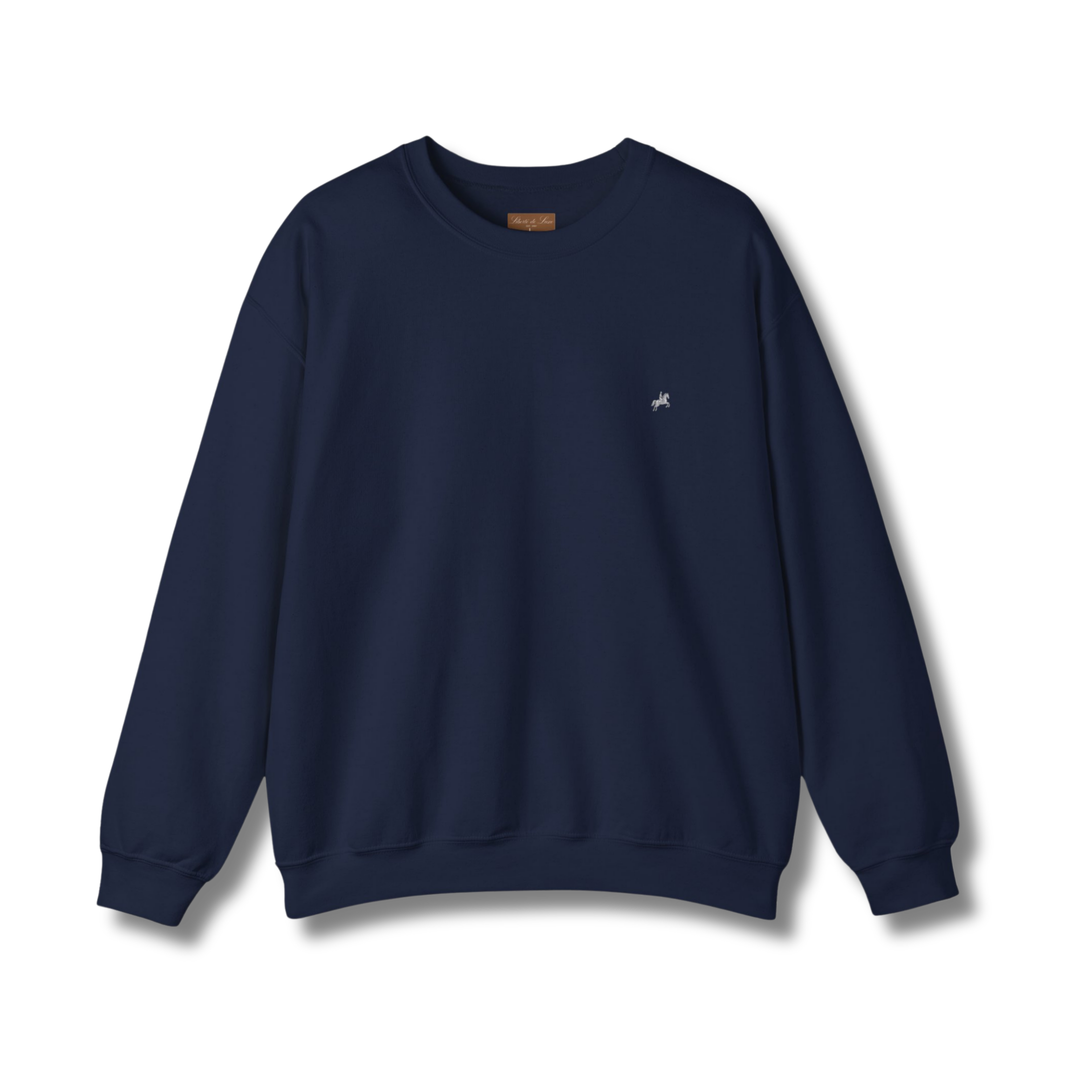 Navy blue sweatshirt with a small white logo on a light gray background