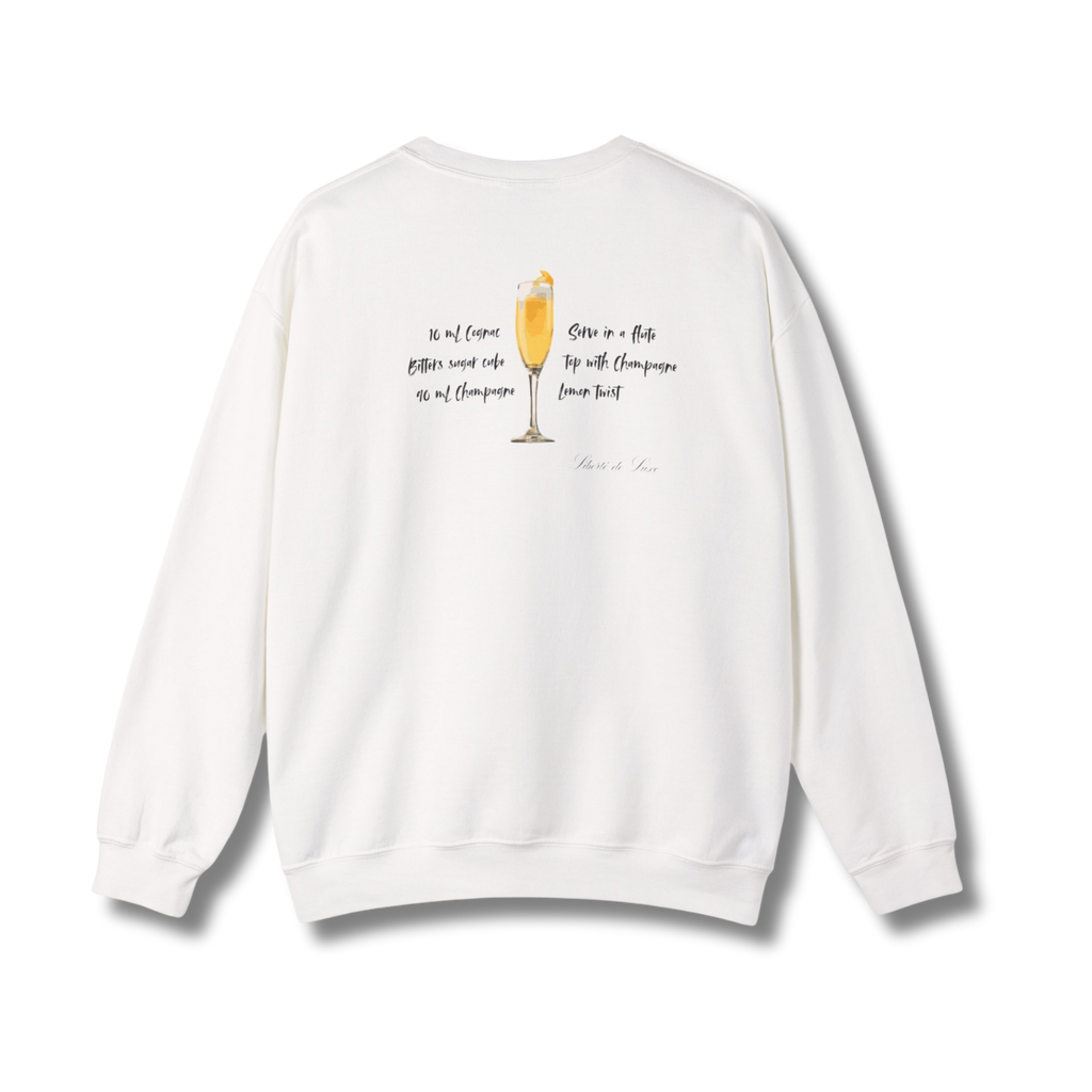 White sweatshirt with a graphic of a champagne glass and text on the back, displayed on a white background.