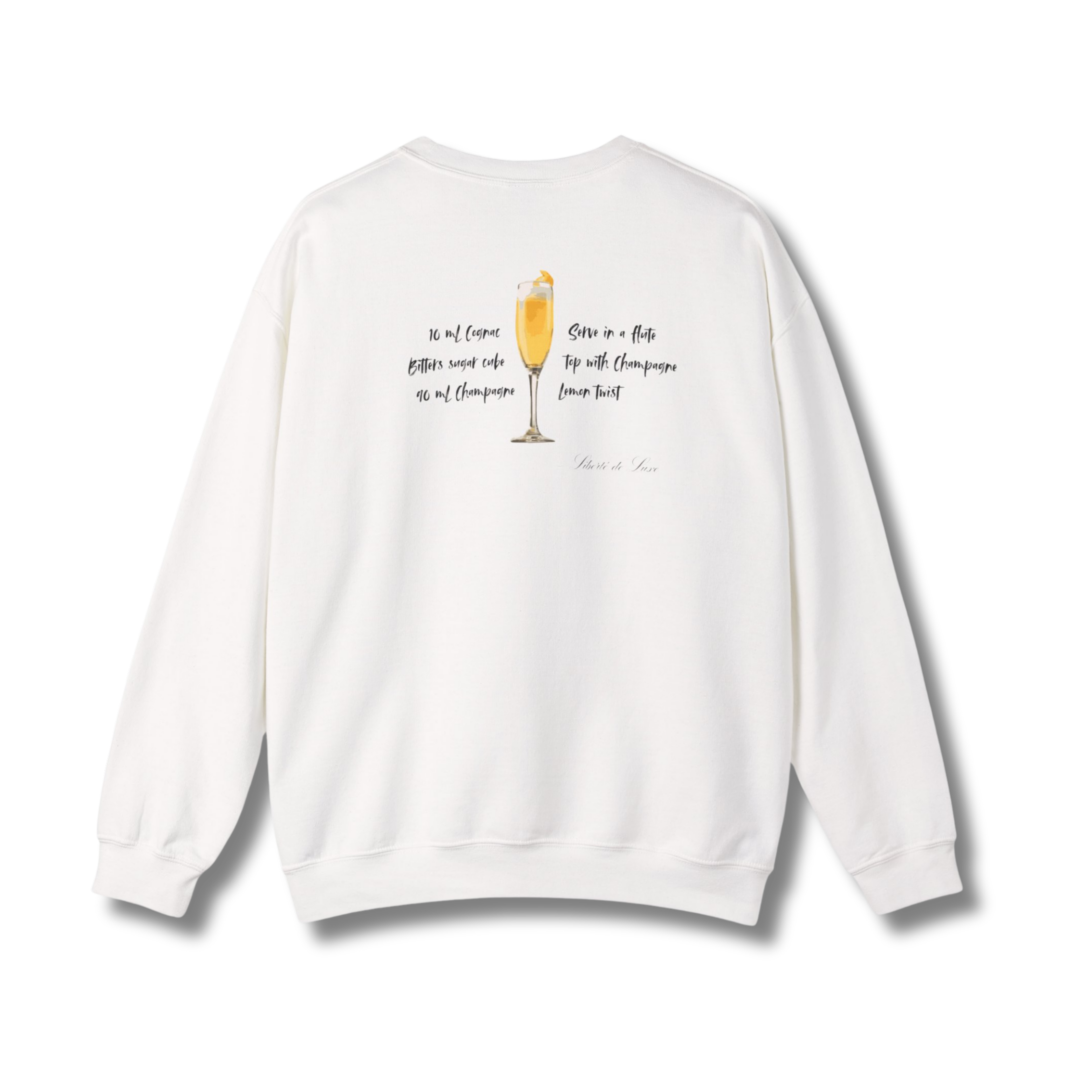 White sweatshirt with a graphic of a champagne glass and text on the back, displayed on a white background.