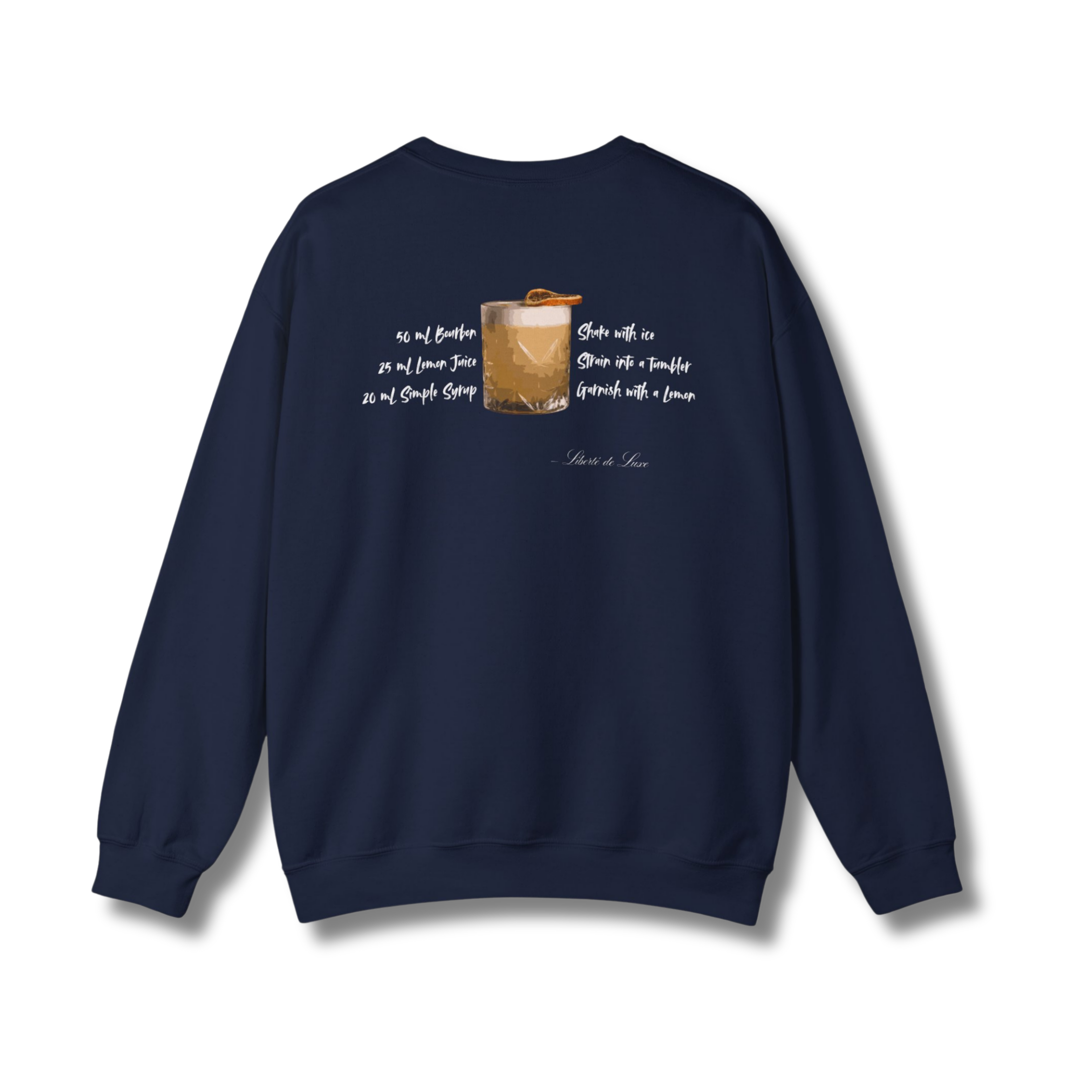 Navy blue sweatshirt with a drink graphic and text on the back against a white background