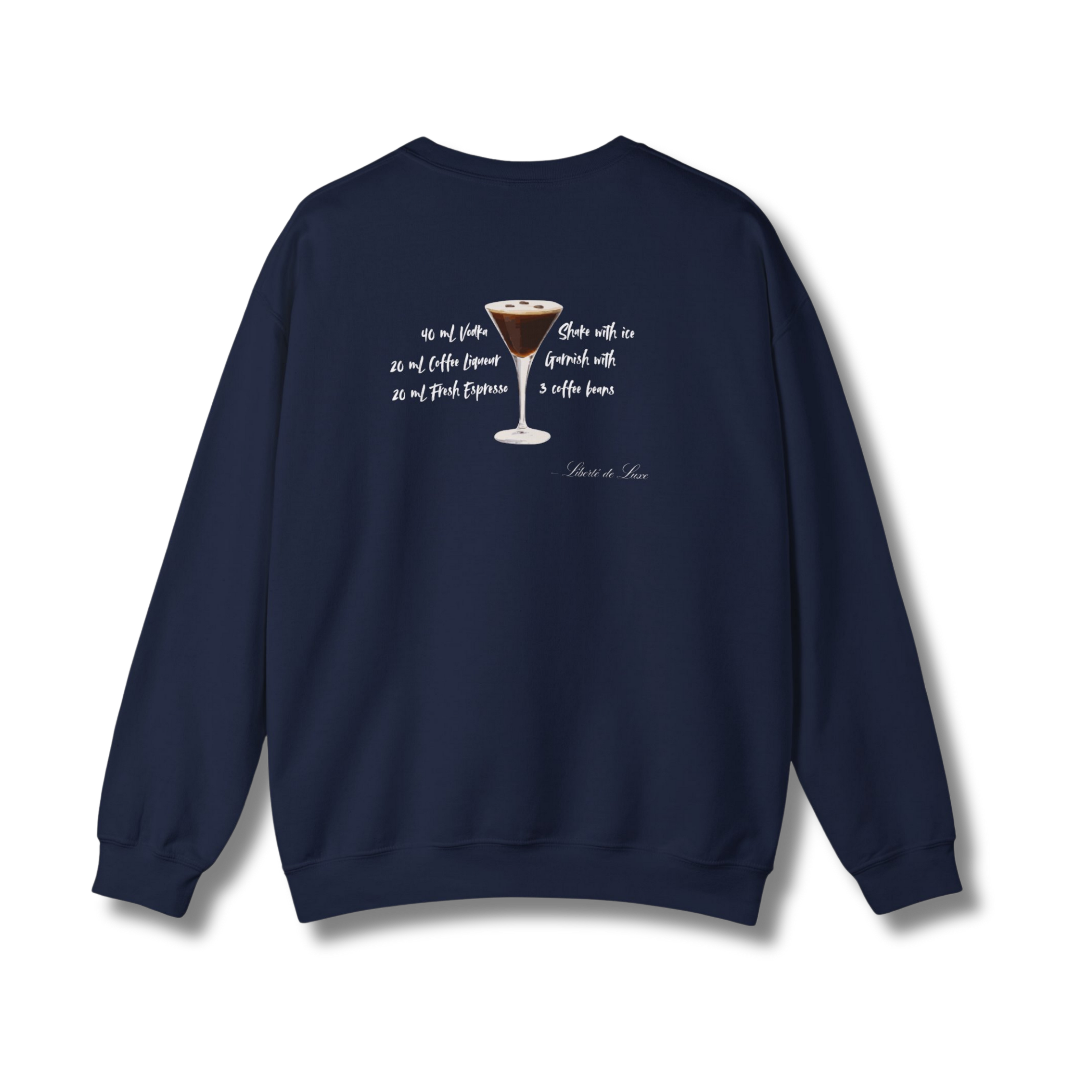 Navy blue sweatshirt with a drink graphic and text on the back against a white background