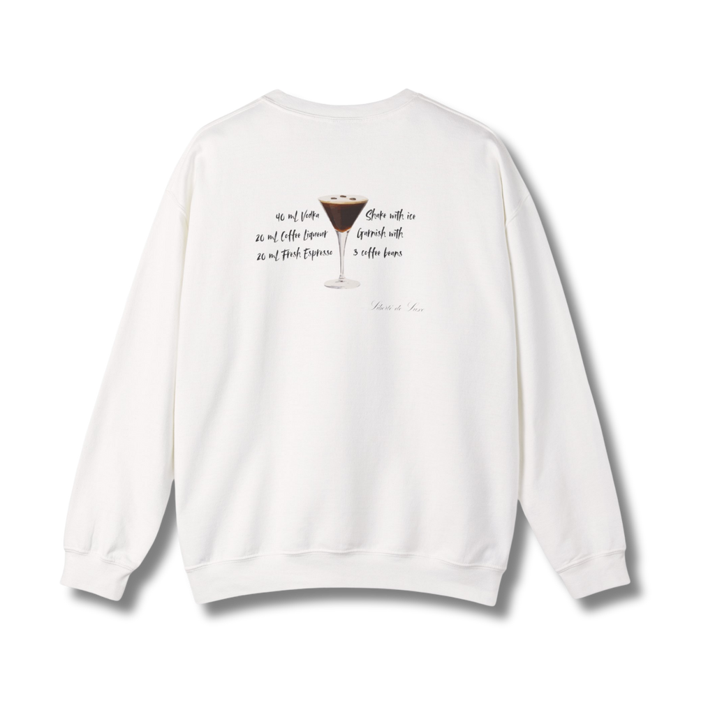 White sweatshirt with a graphic and text on the back against a white background