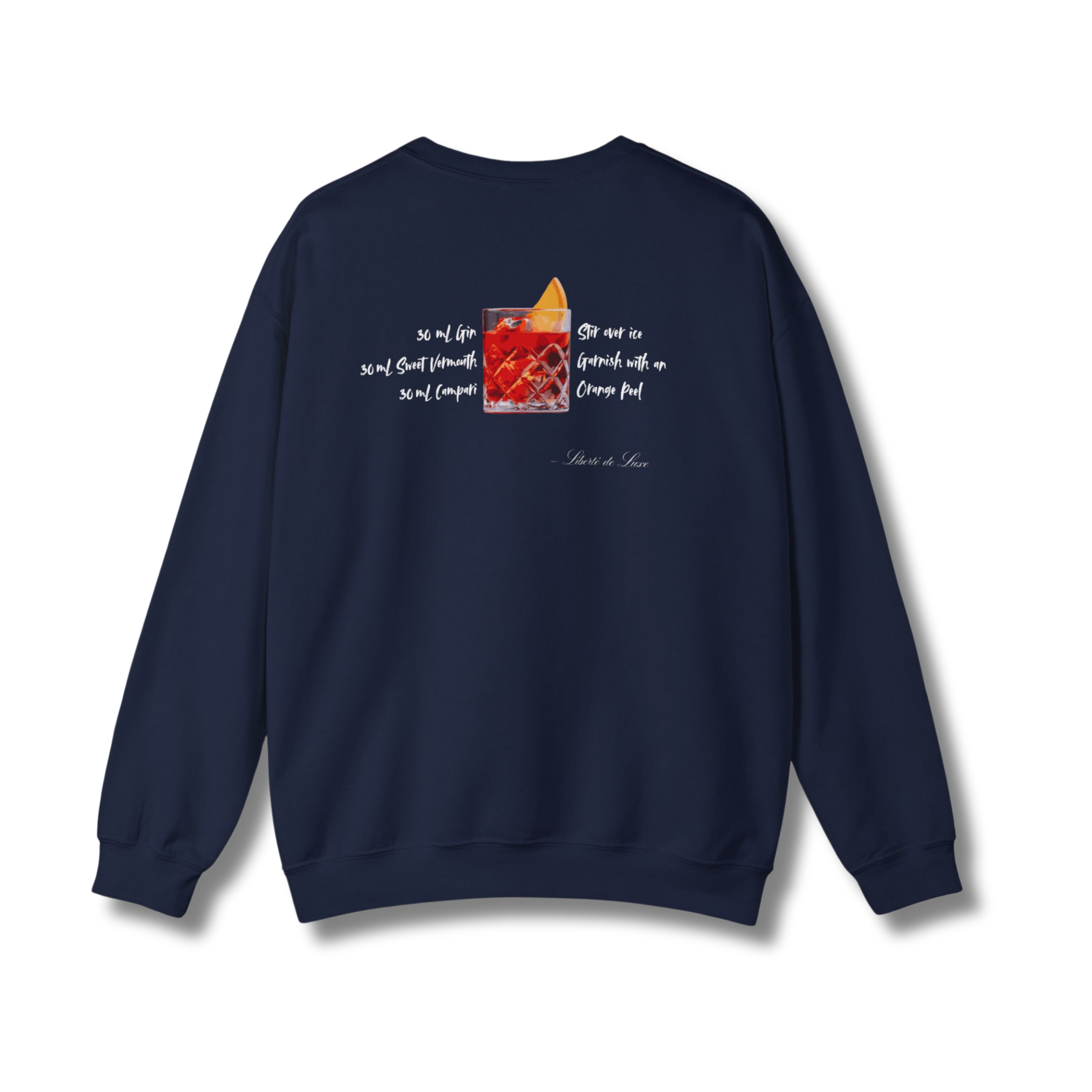 Navy blue sweatshirt with a graphic design on the back against a white background