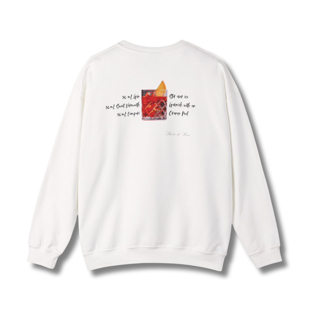 White sweatshirt with text and graphics on the back against a white background
