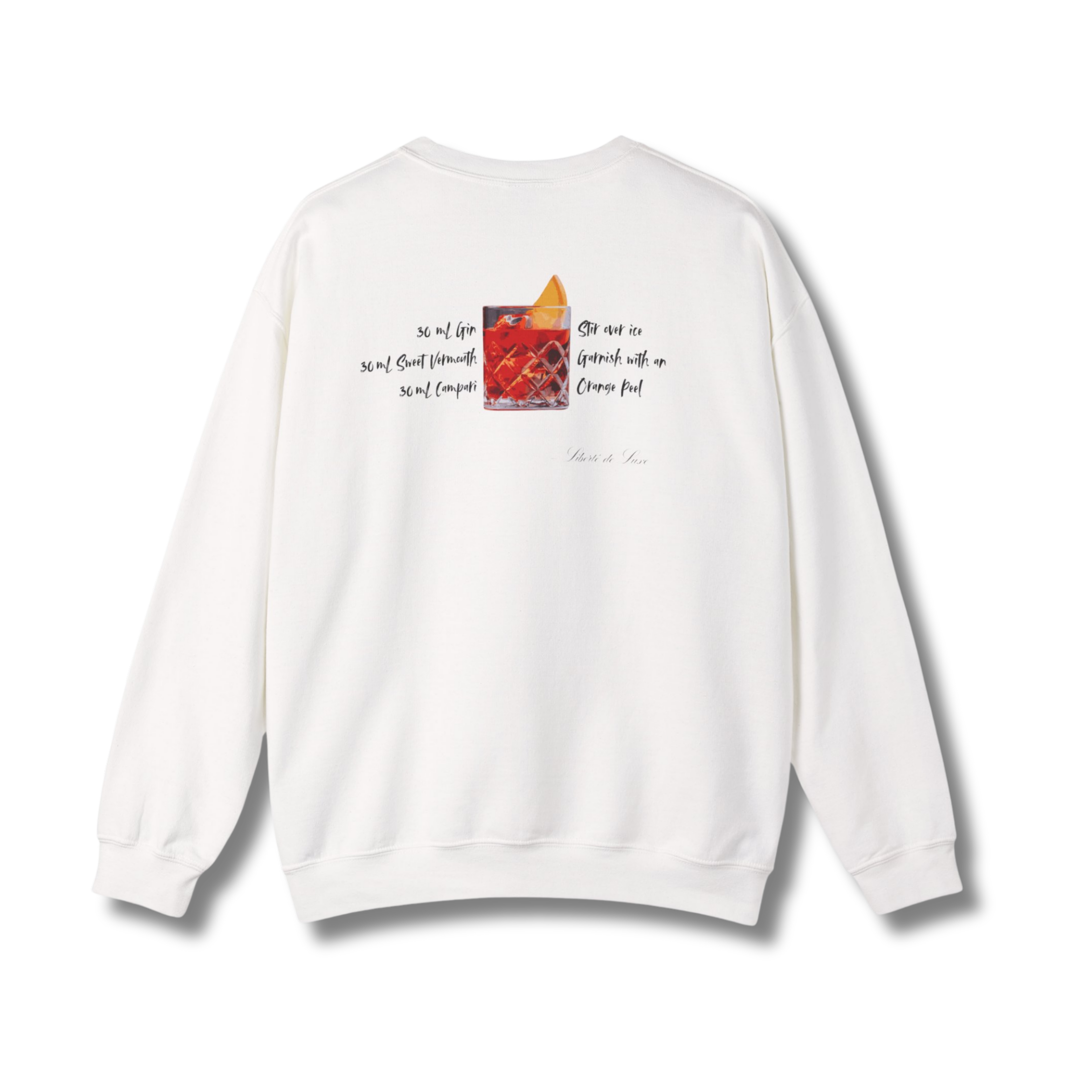 White sweatshirt with text and graphics on the back against a white background