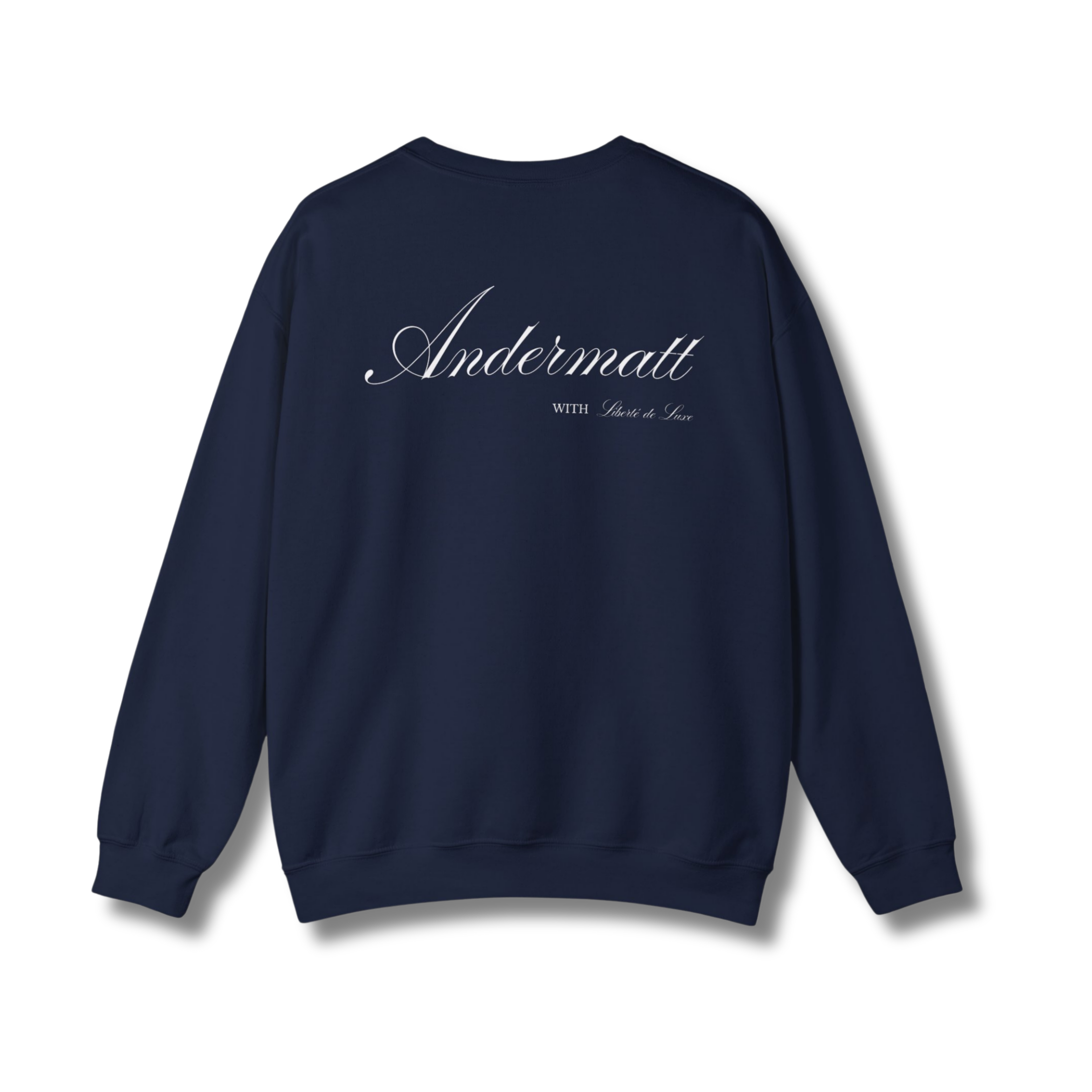 Navy blue sweatshirt with 'Ander'matt' text on a white background