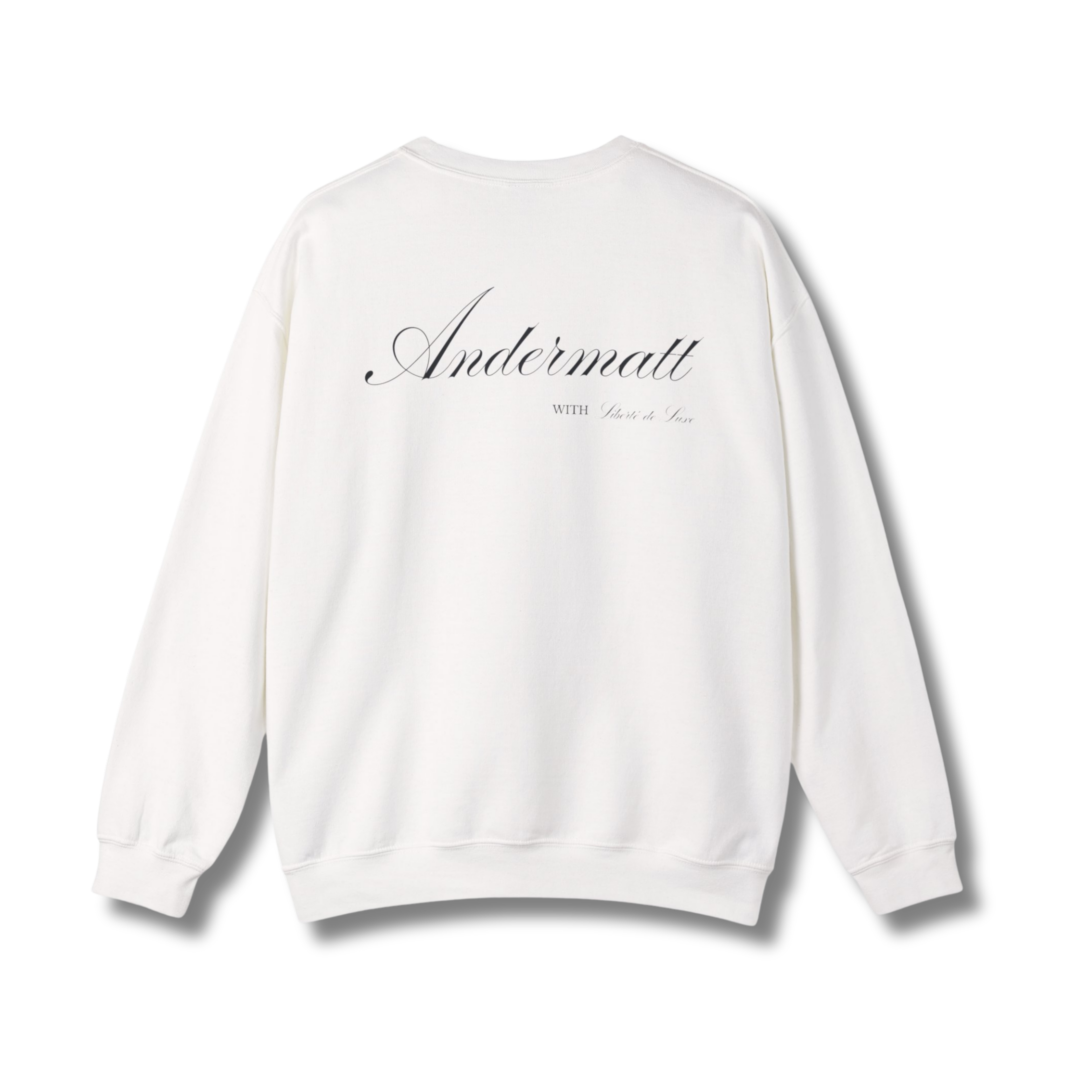 White sweatshirt with 'Andermatt' text on a white background