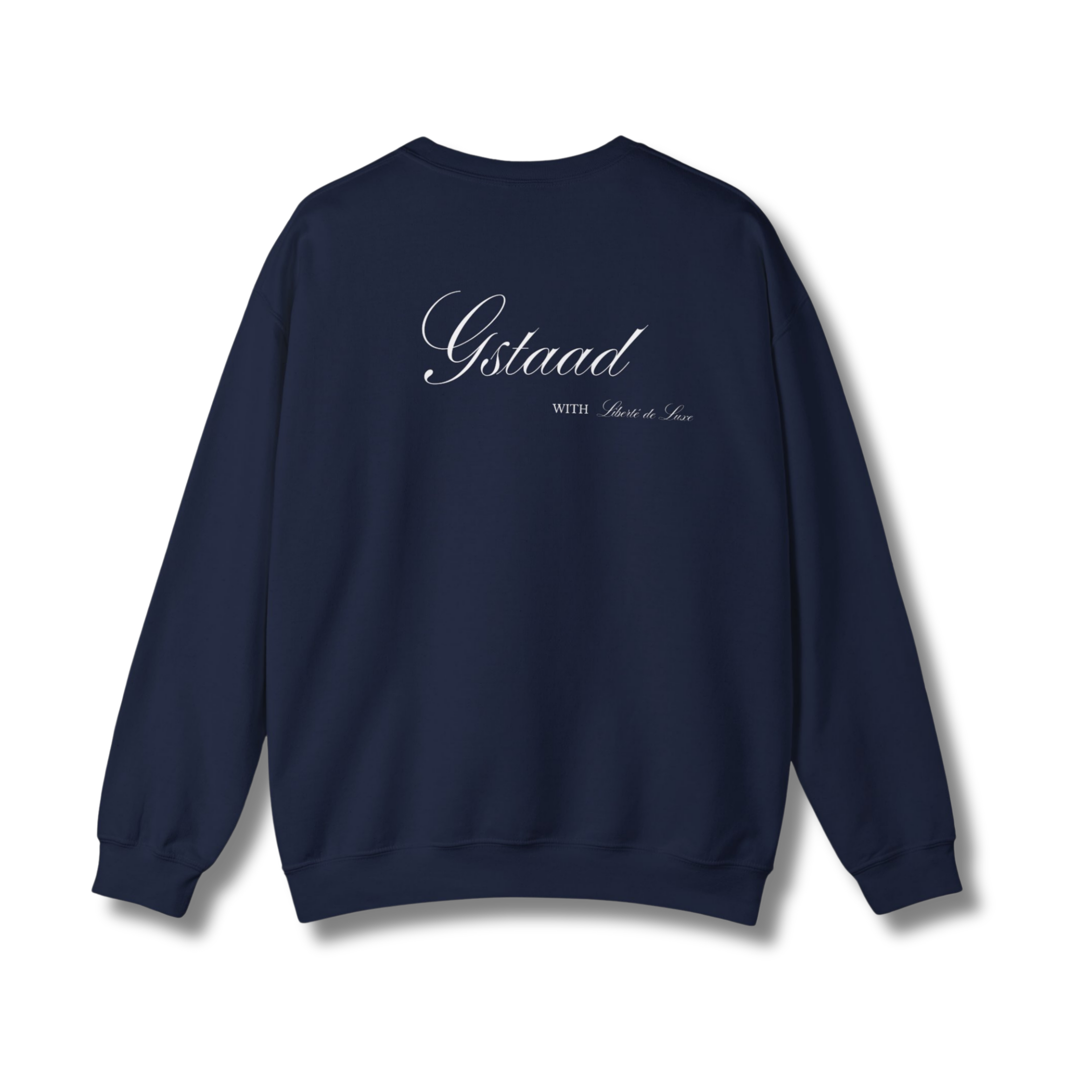 Navy blue sweatshirt with 'Gstaad' text on a white background