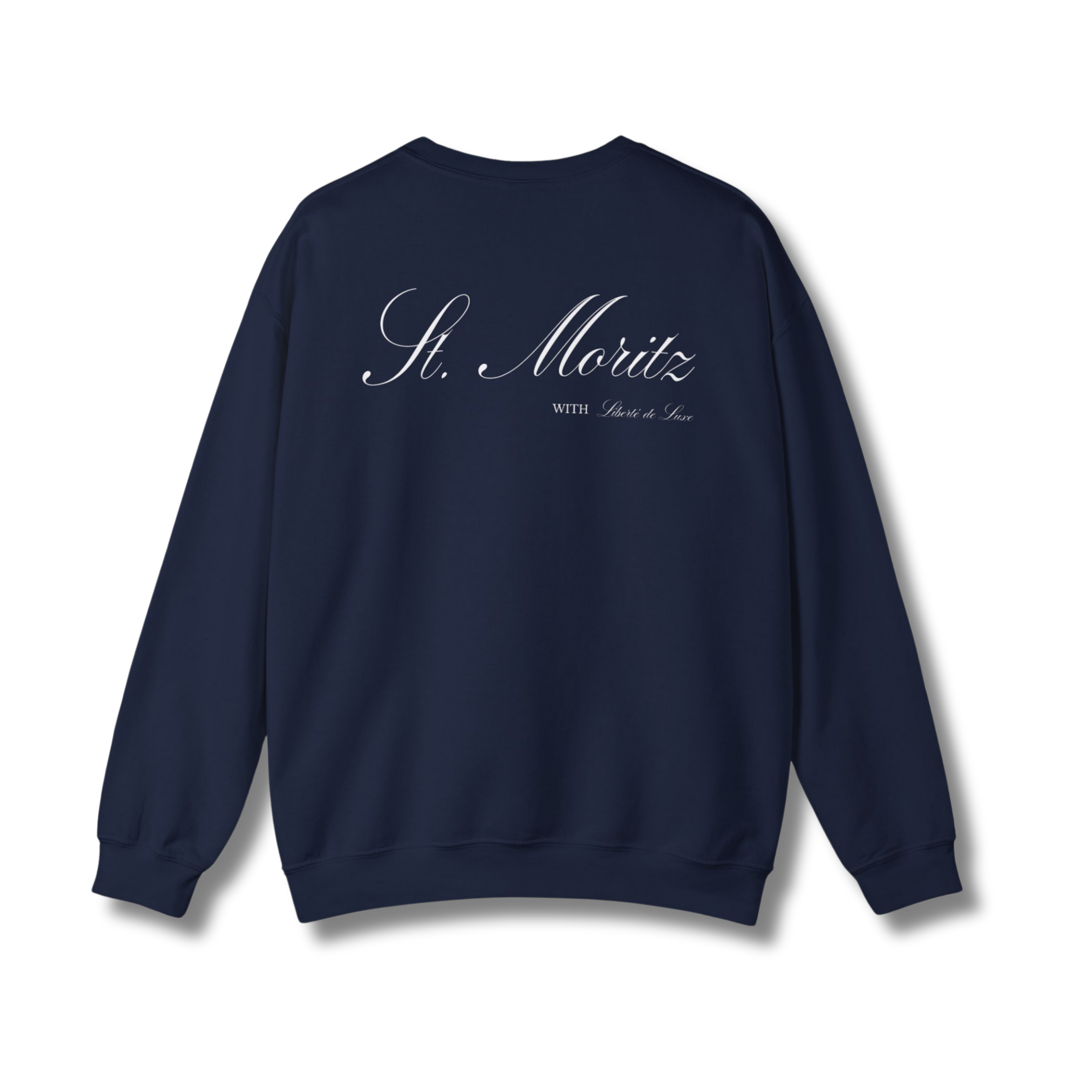 Navy blue sweatshirt with 'St. Moritz' text on a white background