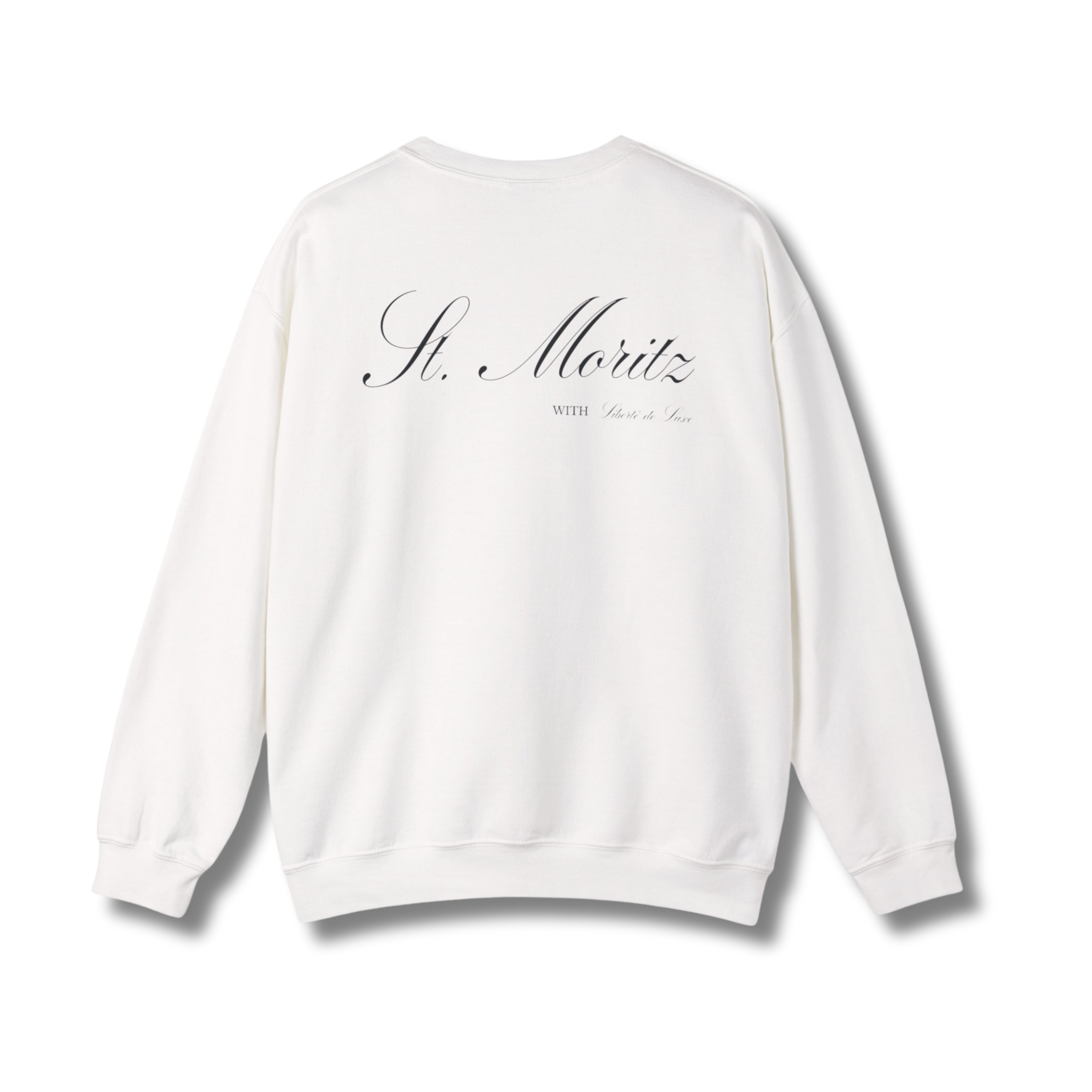 White sweatshirt with 'St. Moritz' text on a white background