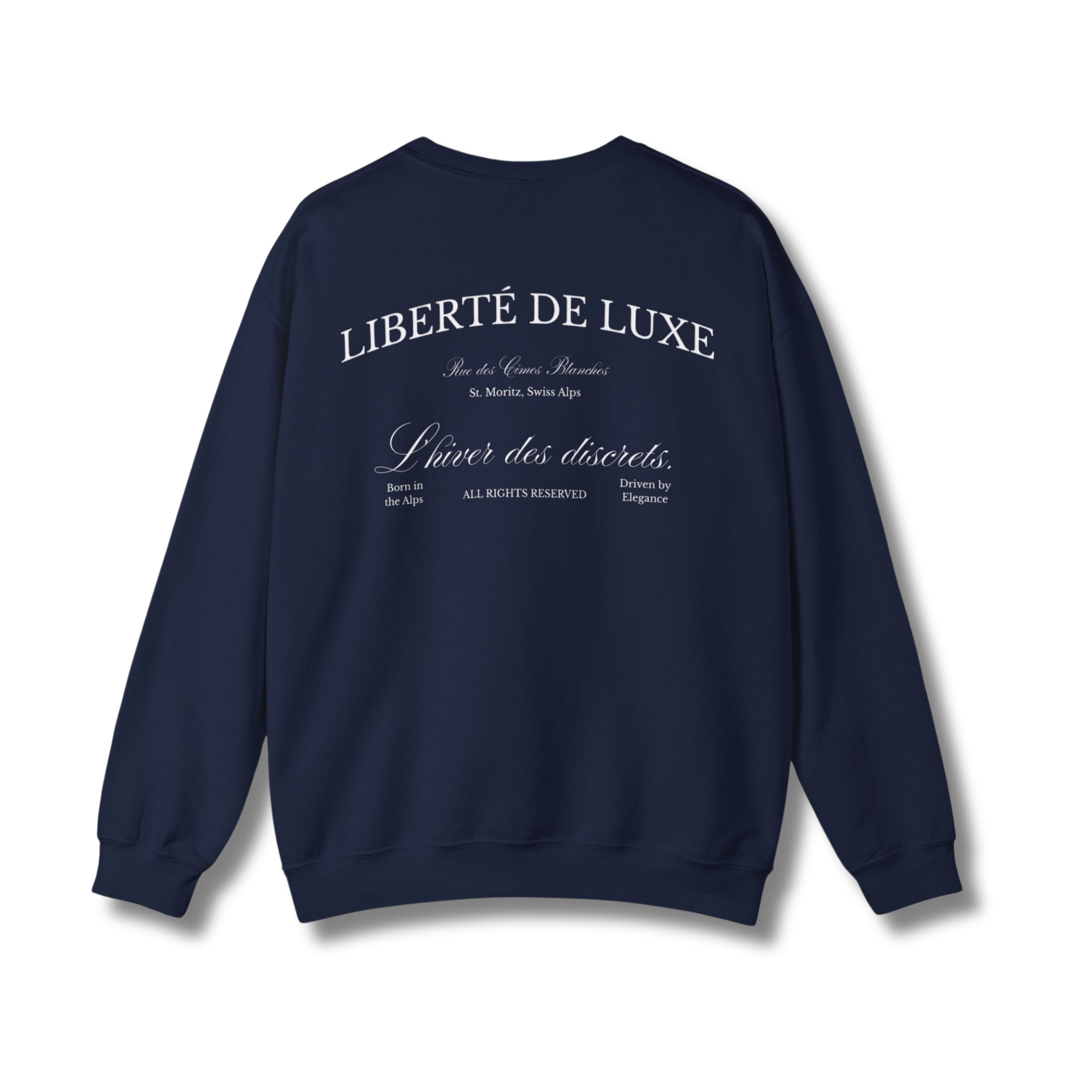 Navy blue sweatshirt with 'Liberté de Luxe' text on the back against a white background