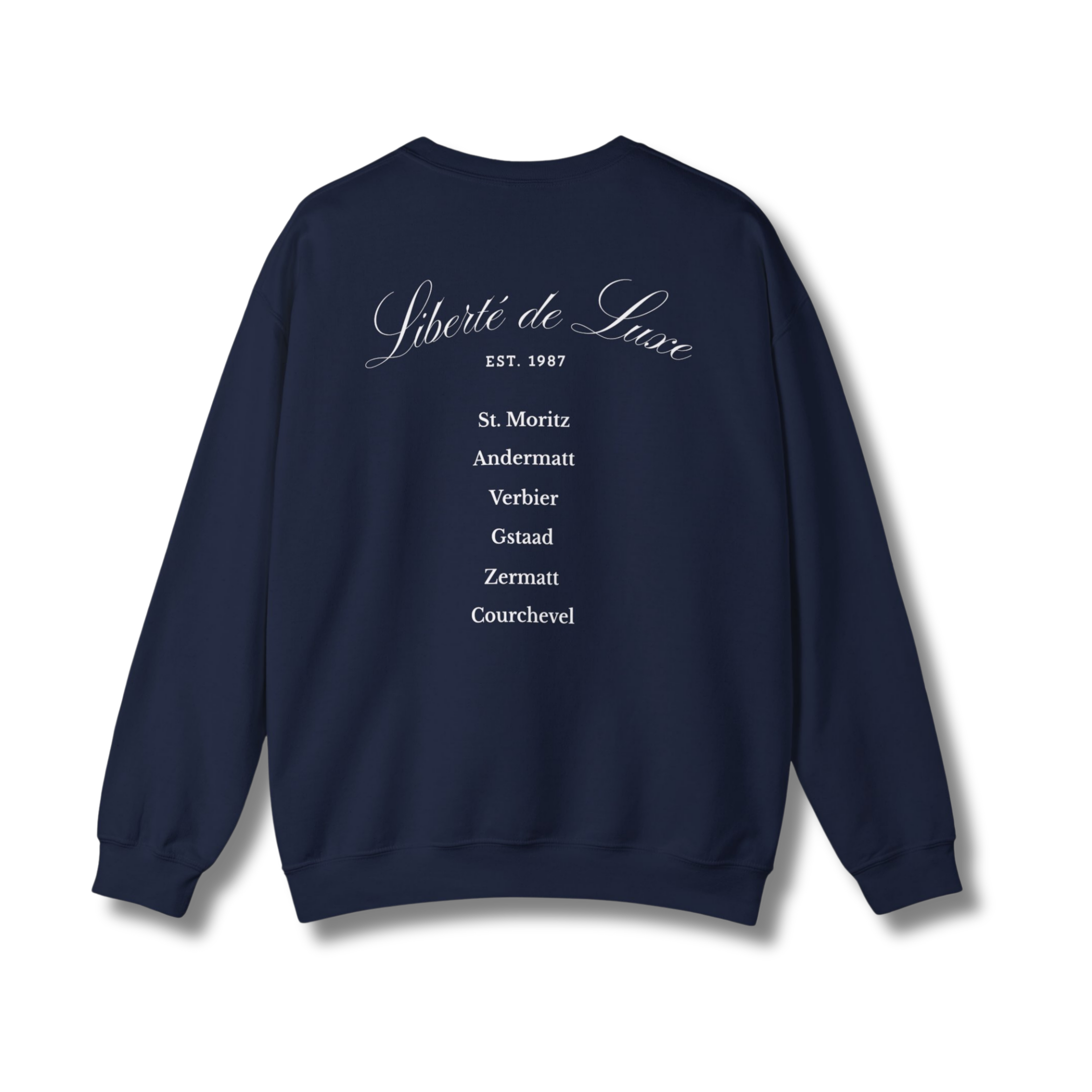 Navy blue sweatshirt with white text on a white background