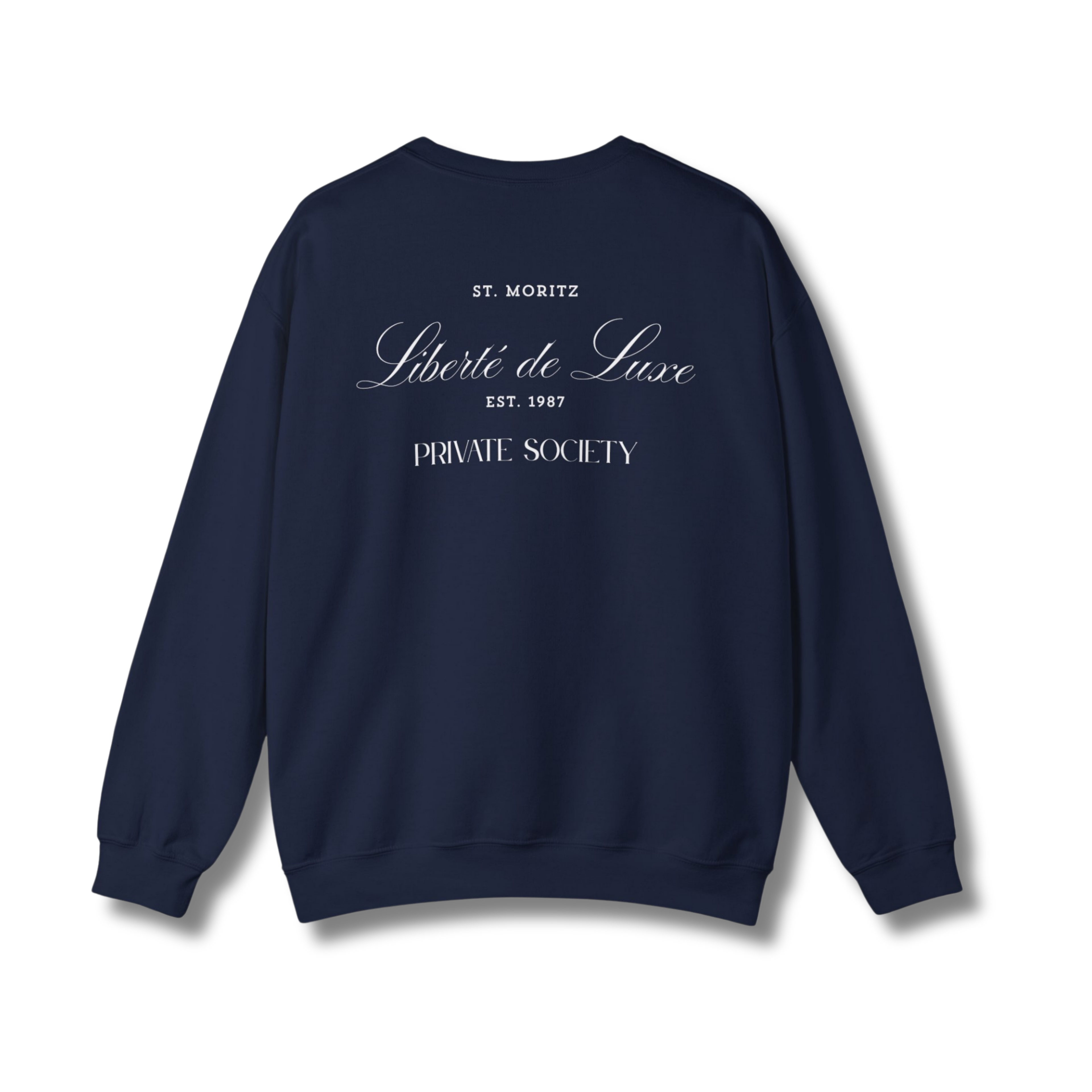 Navy blue sweatshirt with white text on a white background