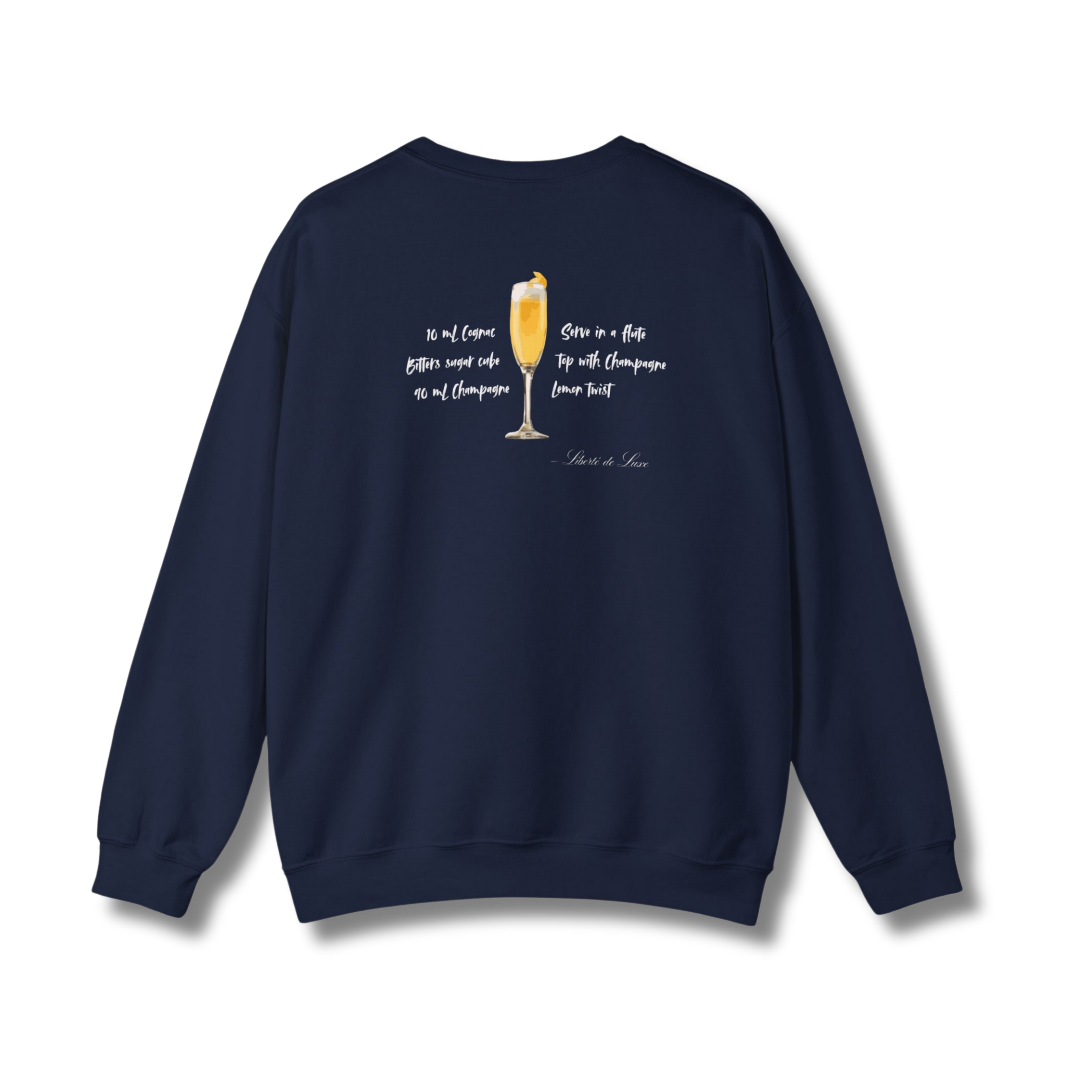 Navy blue sweatshirt with a champagne glass graphic and text on the back against a white background