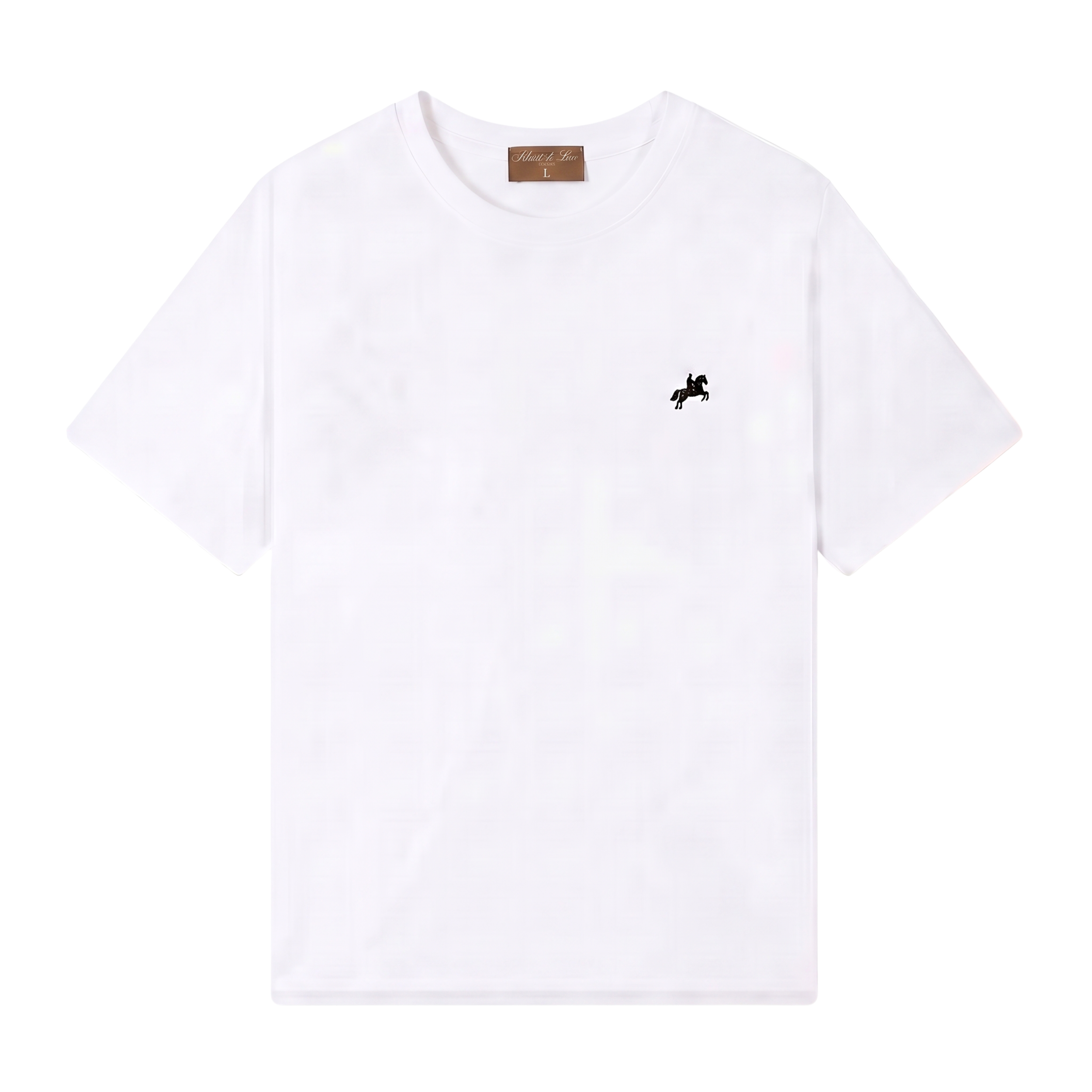 White t-shirt with a small black logo on a white background