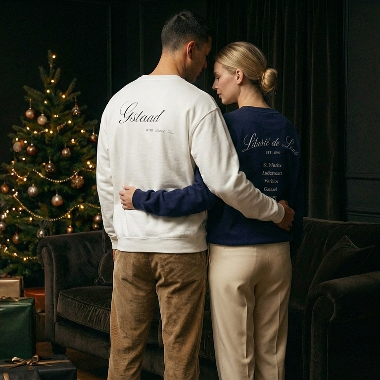 Two people standing close together in a cozy living room with a Christmas tree and fireplace.