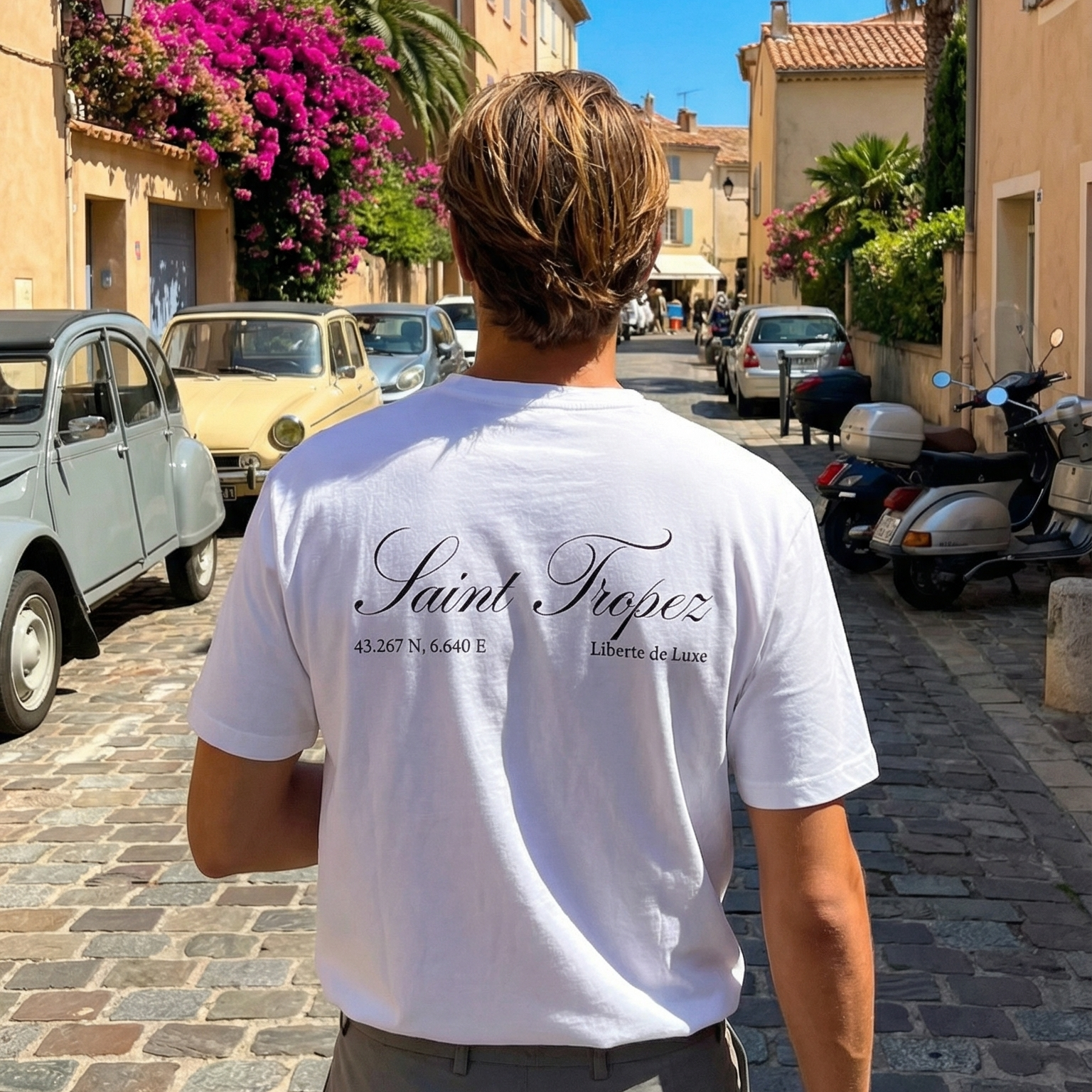 Man walking down a sunlit street with palm trees and colorful buildings in Saint Tropez.