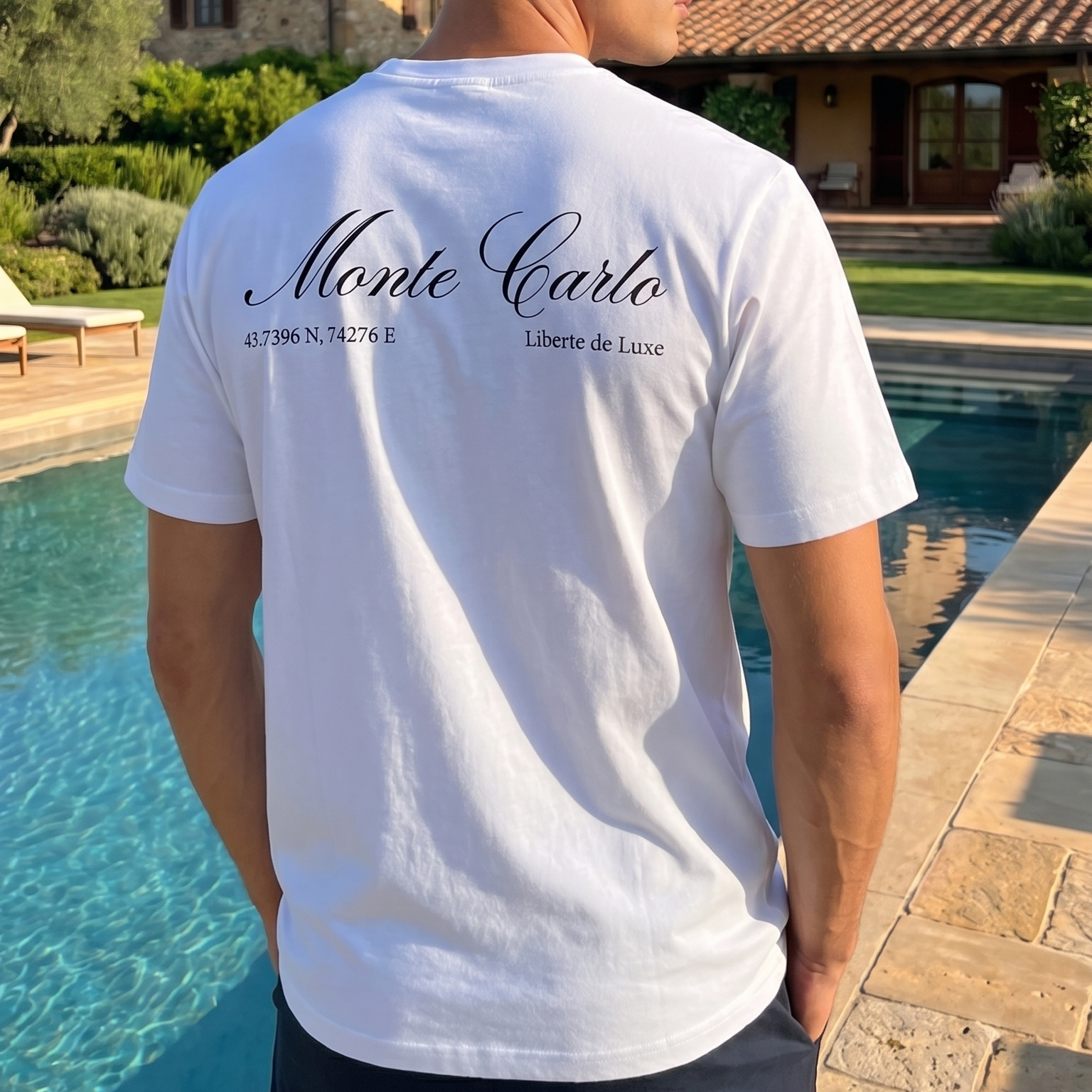 Man wearing a white t-shirt with 'Monte Carlo' text by a poolside.